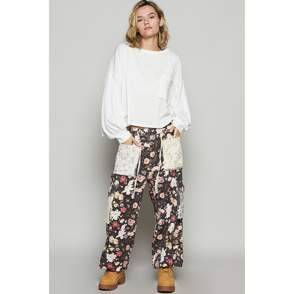 POL Black Floral Cotton Twill Jogger Cargo Pants | Patchwork Pockets - Picture 2 of 8